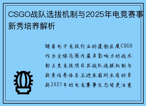 CSGO战队选拔机制与2025年电竞赛事新秀培养解析