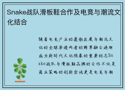Snake战队滑板鞋合作及电竞与潮流文化结合